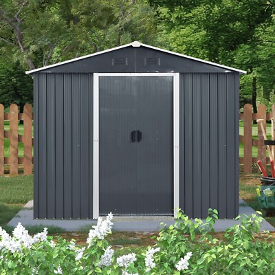 8x4 ft Garden Shed Metal Storage Shed with Window & Lockable Doors All-Weather