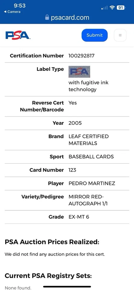 Pedro Martínez 2005 hoja certificado Mat. Autógrafo rojo espejo 1/1 PSA EX-MT 6 Foto 3 de 3