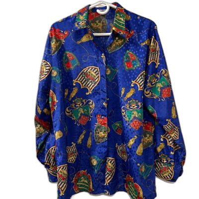 VTG Pierre Balmain Paris Royal Blue Printed Silk ButtonDown Long Sleeve Top Sz 3