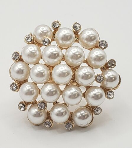 Gold Tone Cluster Faux Pearl And Pale Blue Rhinestones Cocktail Sizable Ring - Picture 1 of 5