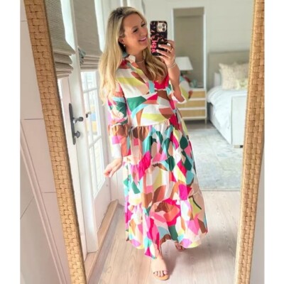 Avara Midi Dress Large Womens Printed V Neck Ruffle Geometric Multicolor NWT | eBay Avara Midi Dress Large Womens Printed V Neck Ruffle Geometric Multicolor NWT | eBay