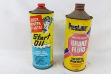 2 Vintage Gas Oil Collectable Cone Metal Can Prestone Brake Fluid Start Oil Old