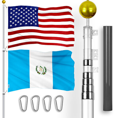 25 Ft Telescoping Flagpole Silver & American and Guatemala Flags Emb 300D 3x5Ft