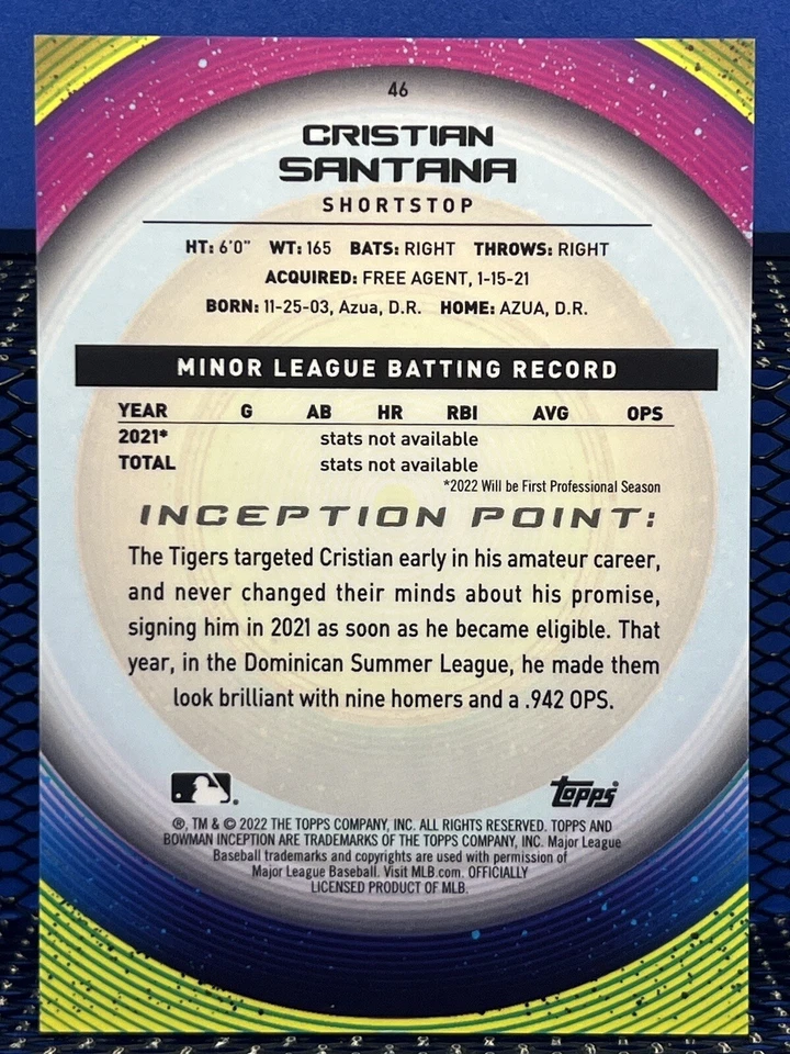 2022 Bowman Inception CRISTIAN SANTANA Detroit Tigers Base 46 - Image 2 of 2