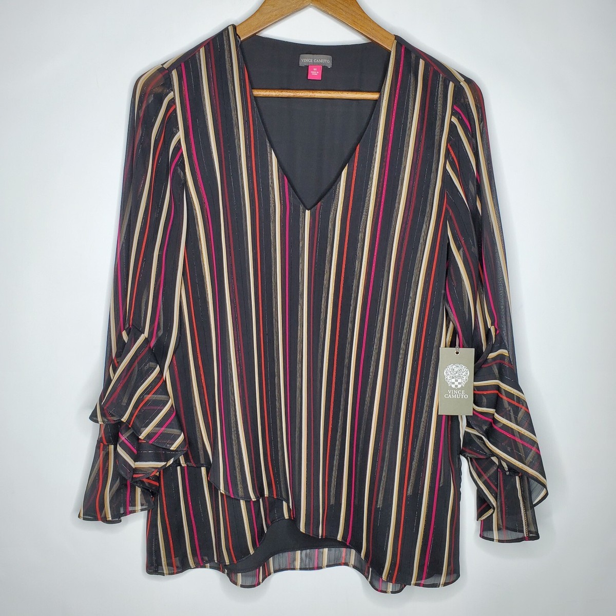 売れ筋商品|||ヴィンスカムート カットソー トップス レディース Plus Size Split-Neck Ruffle-Sleeve Blouse Rich Black Black with Rainbow Lurex Frill Shoulder Blouse Scamp & Dude