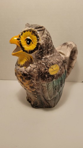 Handmade Bassano Italy Majolica Great Horned Owl Water Pitcher - Picture 2 of 6