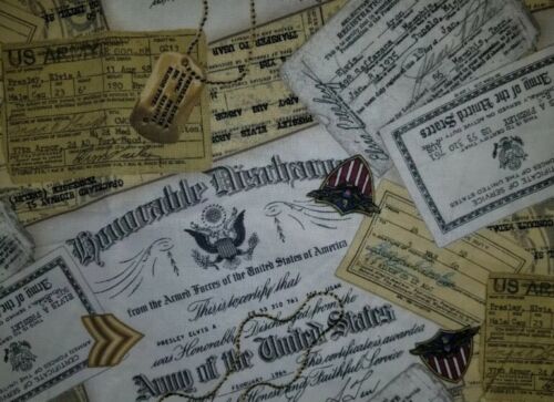 EVLIS PRESLEY MILITARY DOG TAGS PAPERWORK COTTON FABRIC 1 YARD - Picture 2 of 2