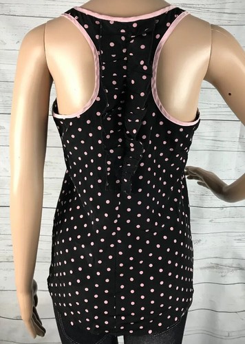 Candies Polka Dot Tank Top XS Black Pink Ruffled Racerback Casual Summer Shirt - Picture 9 of 12