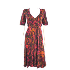 Vintage Kew Jigsaw Midi Dress UK 10 Boho Autumn Floral 90s Y2K Stretch Jersey