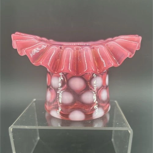 Vintage Fenton Cranberry Coin Dot Ruffled top hat vase