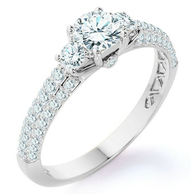 18k White Gold Round Diamond Engagement Ring Size 7 Solitaire with Pavé Accents