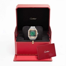 NEW Cartier Santos Medium Model Auto SS Watch w/ Aftermarket 11.5CTW Diamond Gre 2