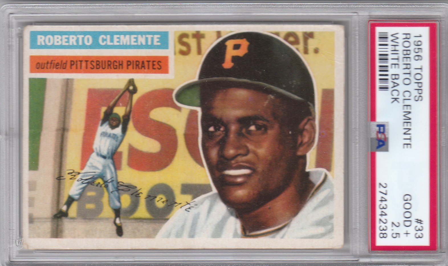 1956 Topps Baseball Pirates Roberto Clemente White Back Card #33 PSA 2.5 (4238) view 1