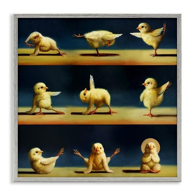 Stupell Industries Yoga Chicks Farm Animals Painting, Grey Framed, 17x17, Yellow