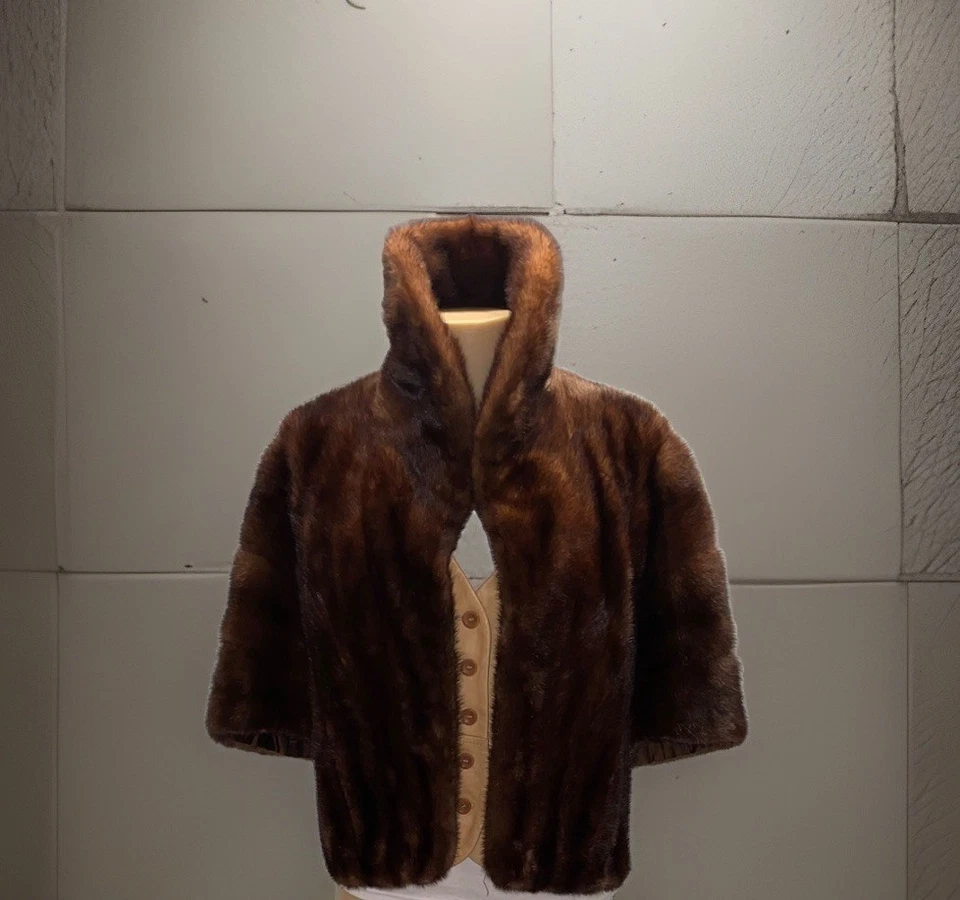 De colección Evan’s Chicago Marrón Visón Piel Abrigo Capa Estola Bolsillos Piel de Tiburón Satinado S Foto 3 de 4