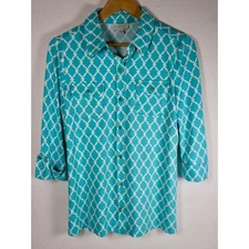 CHARTER CLUB Womens Medium Button Down 3/4 Sleeve Top Turquoise White Pattern
