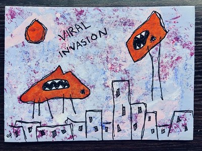 e9Art 7x5 'viral invasion' childlike outsider art brut primitive naive abstract