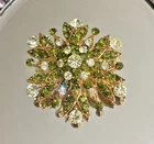 Vintage Floral Rhinestone Brooch - Green Stone Costume Jewelry