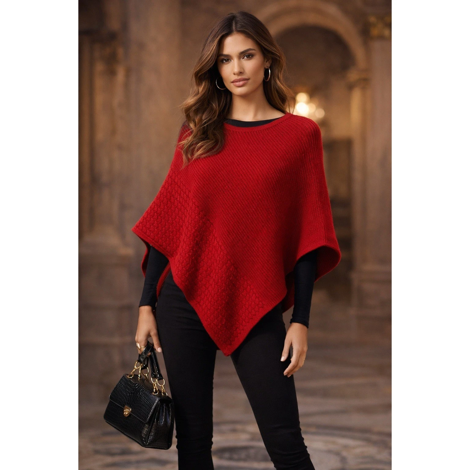 J Jill Poncho Womens OS Red Knit Cape Boho Cozy Classic Minimalist Fall Layering