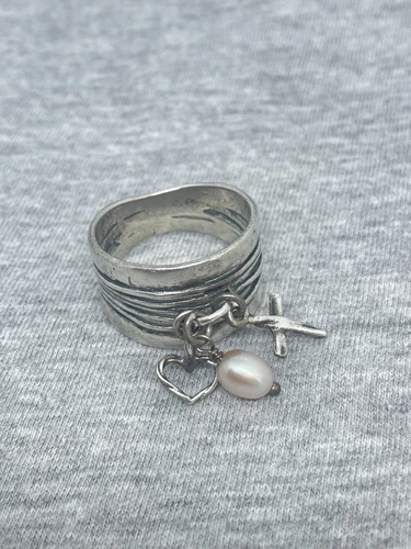 VTG Signed Shablool Didae Sterling Silver 925 Pearl Cross Heart Charms 9 Ring