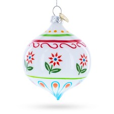 White Floral Pattern Finial Blown Glass Ornament