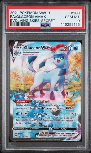 2021 POKEMON SWORD & SHIELD EVOLVING SKIES #209 FA/GLACEON VMAX SECRET PSA 10