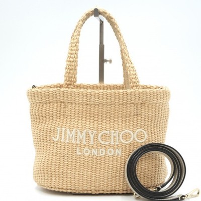 Jimmy Choo Raffia Style Tote Bag Natural 2Way Logo Embroidery