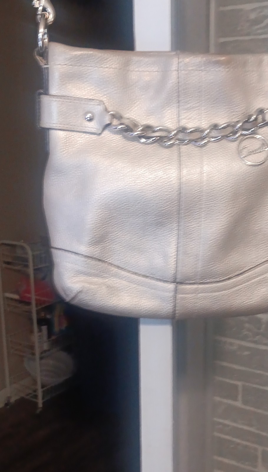 Coach Metallic Silver Leather Shoulder Bag Chain Accent