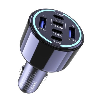 300W USB C Car Charger, 6 Ports (4 USB C + 2 USB A) - PD3.1 140W PPS 45W QC 6...