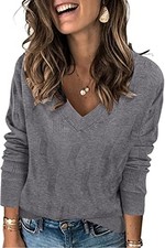 Women's Soft V Neck Long Sleeve Fall Casual Regular Fit Sweater Medium Grey