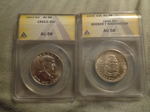 anacs graded halves au 58, 1946 brooker t washington, franklin.