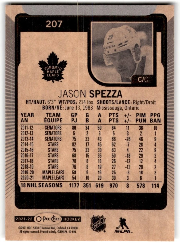 2021-22 O-Pee-Chee Jason Spezza Toronto Maple Leafs #207 - Image 2 of 2