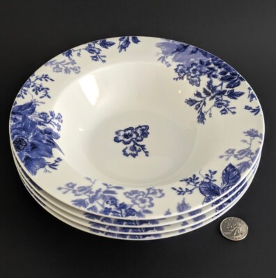 Set 4 Paula Deen TATNALL STREET BLUEBELL Rim Soup Bowls Cereal Blue Floral MINT
