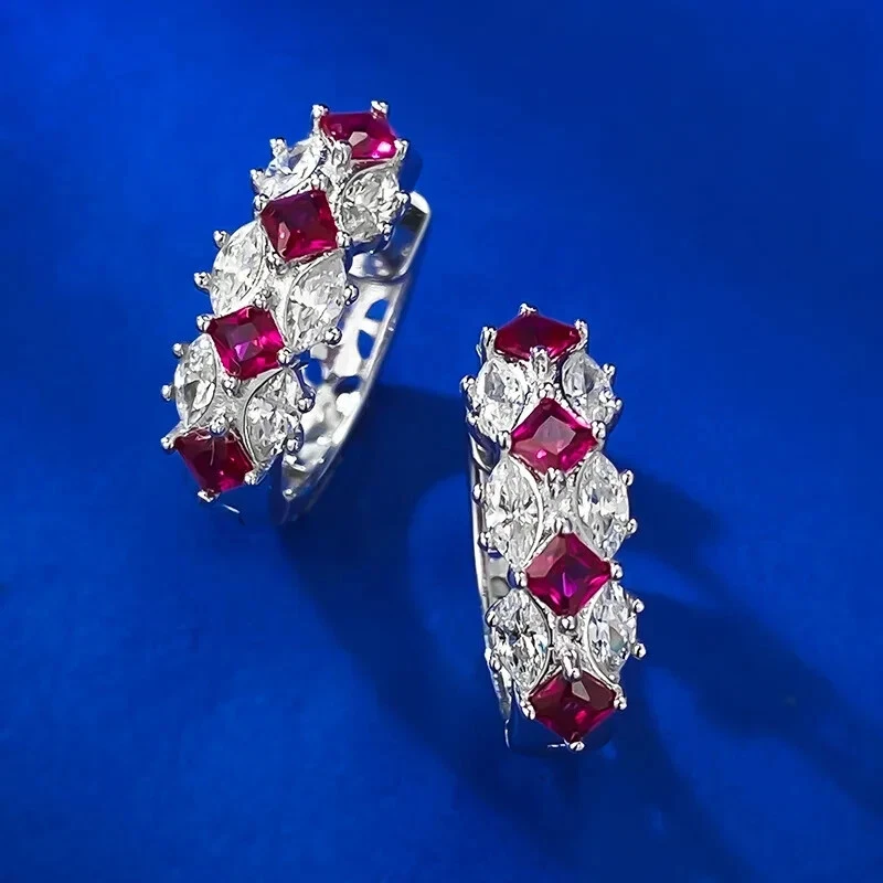 2Ct Princess Cut Lab-Created Red Ruby Huggie Hoop Earrings 14K White Gold Plated - Image 2 of 4