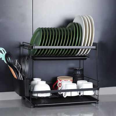 Double Kitchen Dish Drainer Rack w/Drip Tray Cutlery Fork Plate