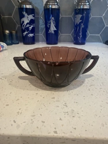 Hazel Atlas Newport Amethyst Purple Handled Cream Soup Bowl Depression Glass