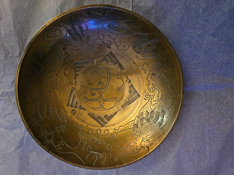 Antique Chinese Bowl, Trinket dish, w/Hand-engraved Dragons, Brass, GUC