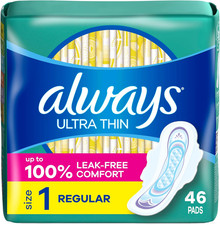 Always Ultra Thin Regular Pads with Wings, Size 1, 46 Count