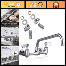 8" Wall Mount Kitchen Sink Faucet - Brass Chrome, 1.8 GPM Swivel Spout, Leak-Fre