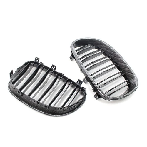 For BMW E60 E61 2003-2010 2Pcs ABS Carbon+Black Dual Slat Front Bumper Grilles - Picture 7 of 9