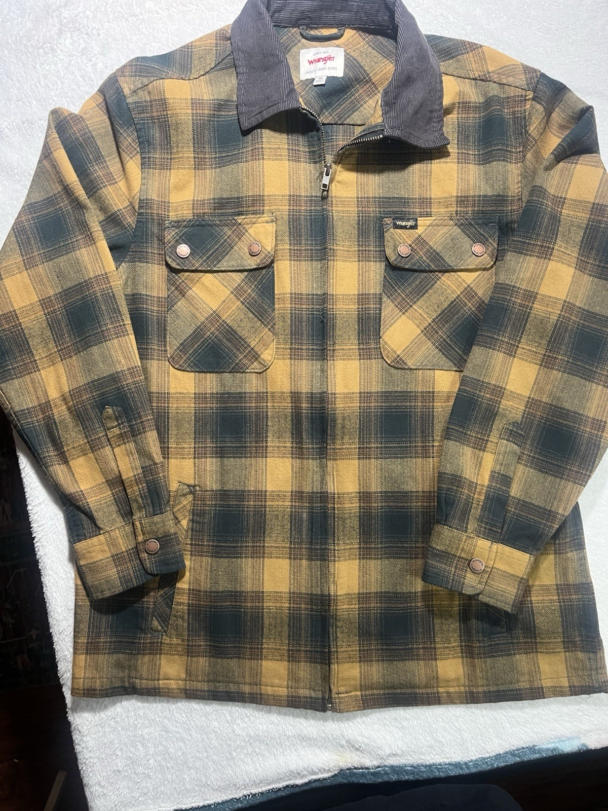 Wrangler Plaid Zip Jacket Mens M Corduroy Collar Workwear Sh