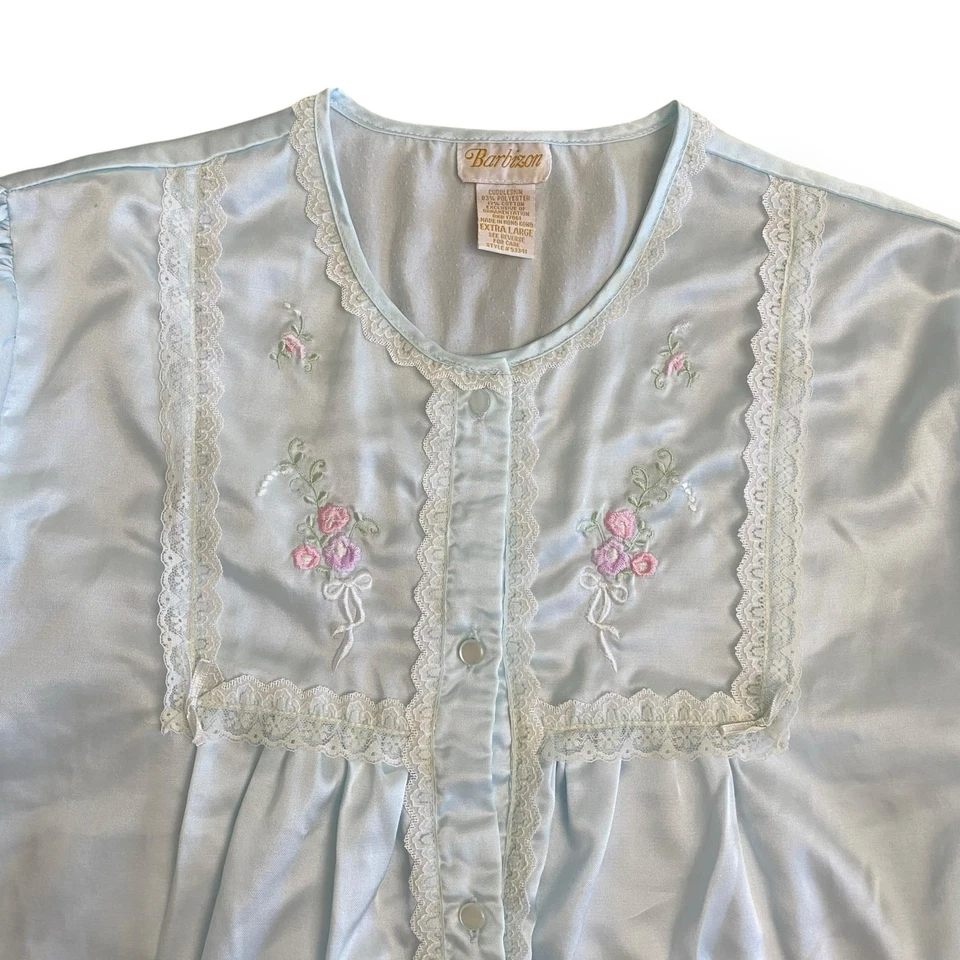 Conjunto de pijama vintage Barbizon Cuddleskin XL azul satinado encaje floral bordado Foto 3 de 4