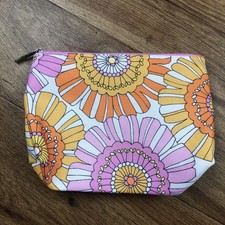 Clinique Pink Yellow Orange Floral Zip Close Makeup Bag Read