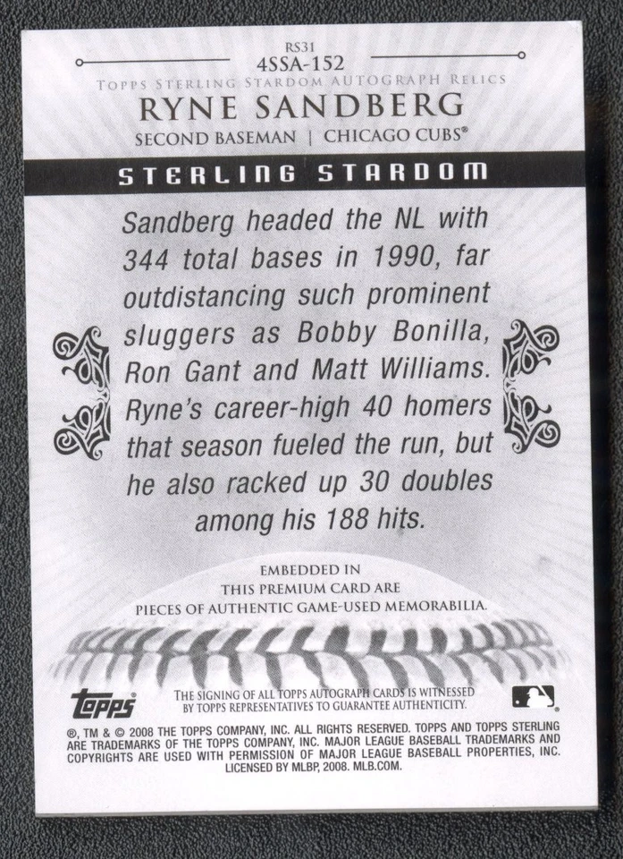 2008 Topps Sterling Baseball Ryne Sandberg Quad Relic Auto 4/10 - Image 2 of 2