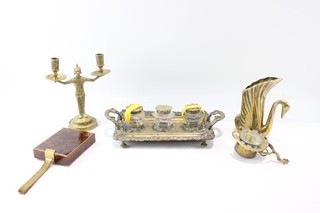 Collection of Ornate Brass Desk Items Inc Inkwell Desk Tidy Candlestick