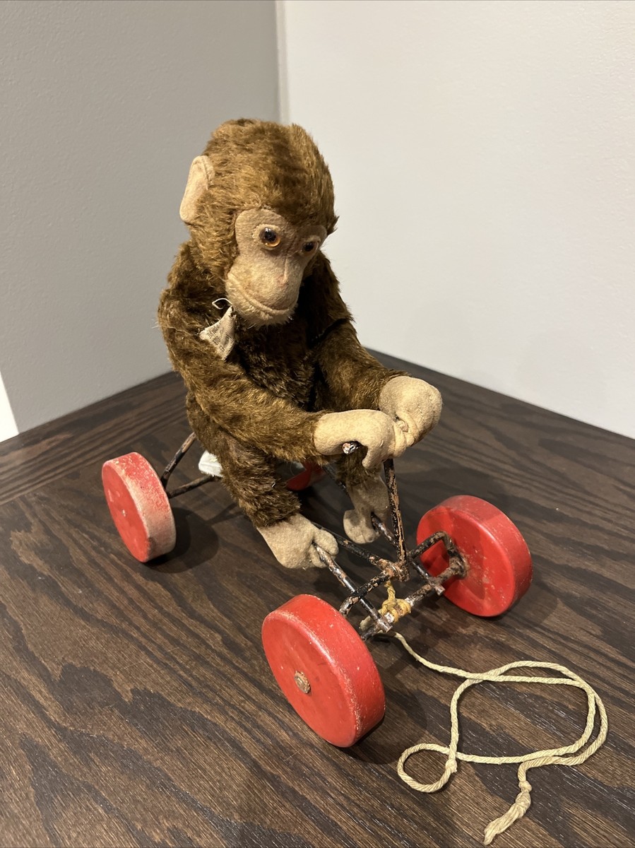Vintage Steiff Monkey On Cart Pull Toy Made In US Zone Germany Tag