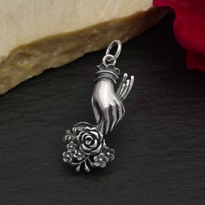 Sterling Silver Hand Charm Holding Flower Bouquet 29x11mm - Main Image