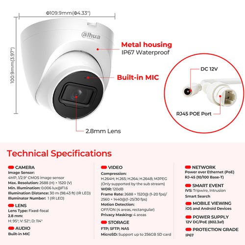 4MP Dahua Wizsense mic IPC-HDW2441TM-S / IPC-HDW2441T-S Black & Whlite Eyeball - Picture 2 of 23