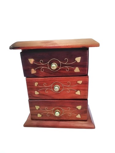 Portagioie in legno 3 cassetti con lavoro in ottone, organizer da scrivania, 4,6 x 3 x 6 pollici - Foto 8 di 8