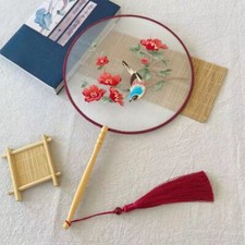 Antique Style Round Fan Translucent Long Handle Tassel Embroidered Hanfu Fan